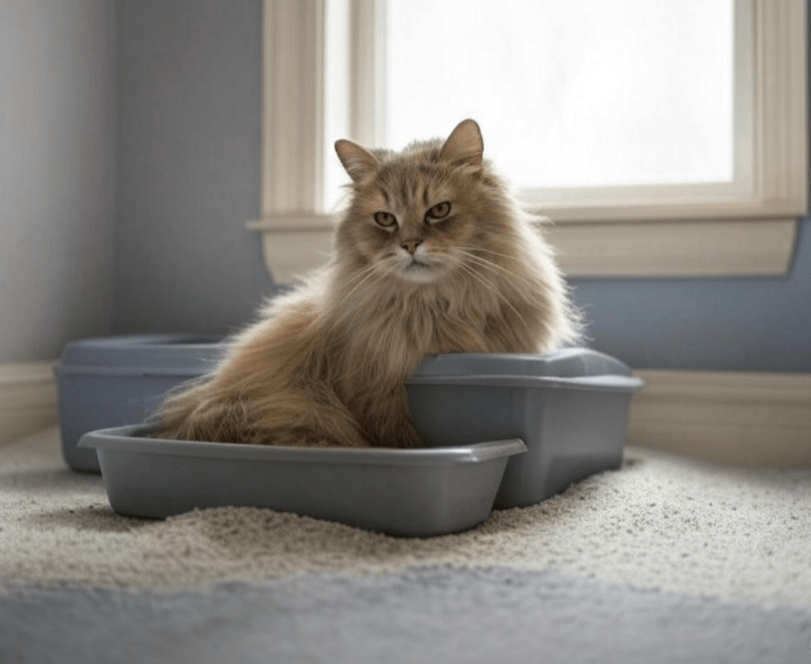 A happy, well-trained senior cat using the litter box with ease. The cat looks content, and the setting is calm and cozy, emphasizing a successful training process. 