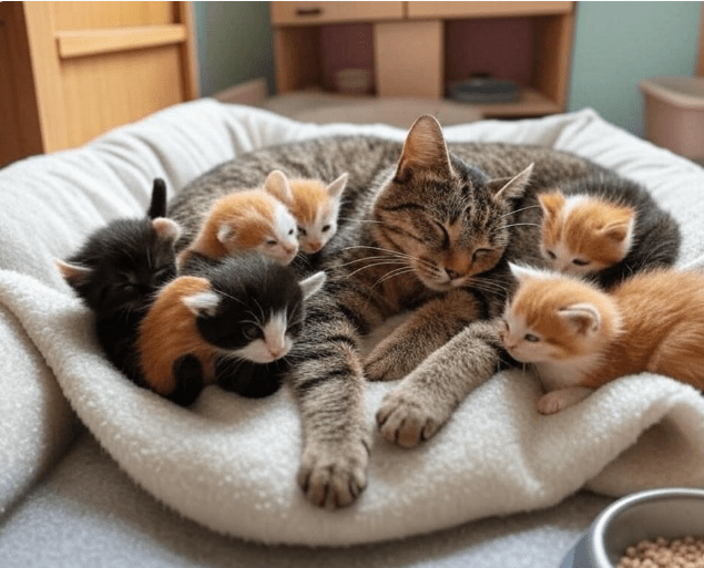 Visual example of the ideal space setup for a new mother cat and her kittens. 