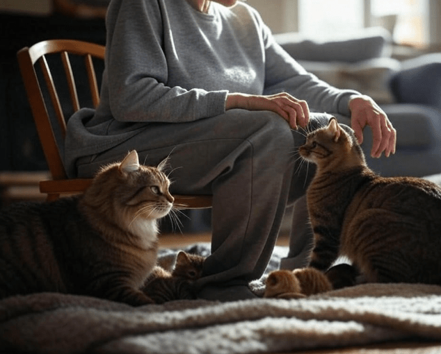  A visual demonstration of how to interact with a protective cat from a respectful distance. 