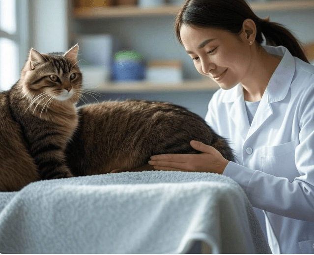  Depiction of a veterinarian or cat behaviorist gently examining a protective queen. 