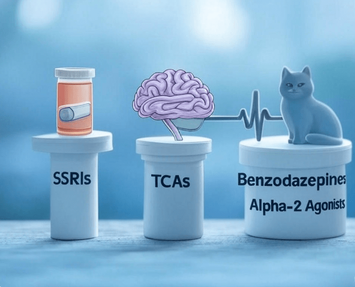 An infographic-style visual showing different categories of anxiety medications for cats: SSRIs, TCAs, Benzodiazepines, Alpha-2 Agonists. 