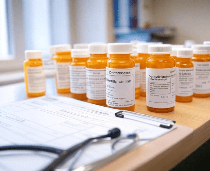 A side-by-side visual of 3–4 prescription bottles labeled with common anxiety medications for cats. 