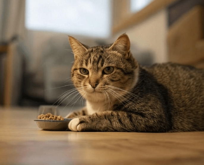  A worried-looking cat showing subtle symptoms—drowsy eyes, not eating, or appearing restless. 