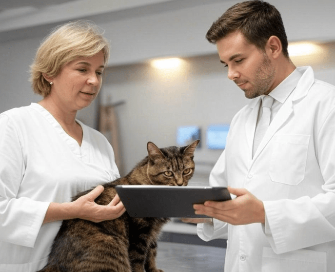 A cat owner talking to a veterinarian in a bright exam room, pointing to a list or tablet. 