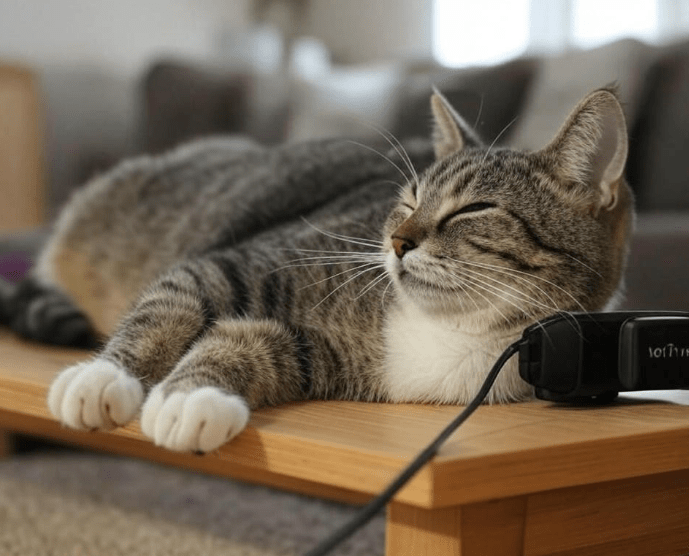 A calm cat relaxing beside a Feliway diffuser in a clean home.