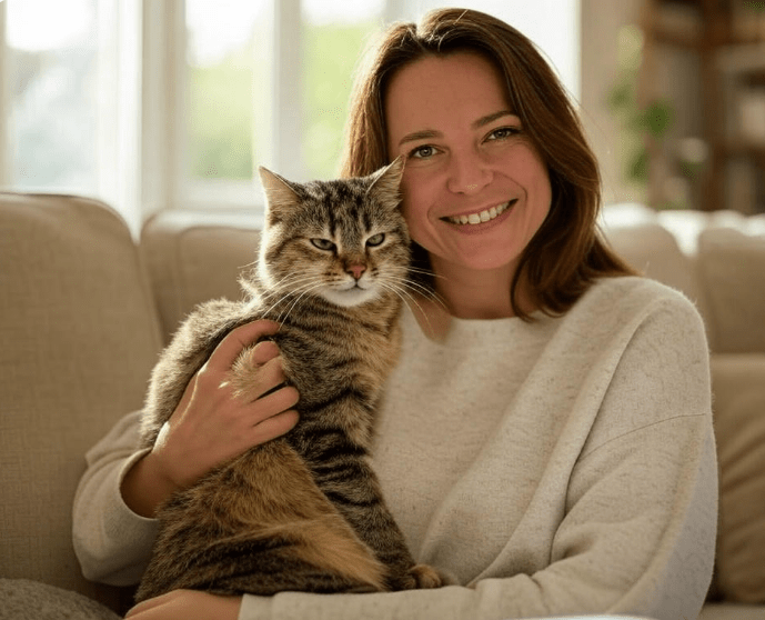 A happy, calm cat being held by its smiling owner, symbolizing successful anxiety management. 