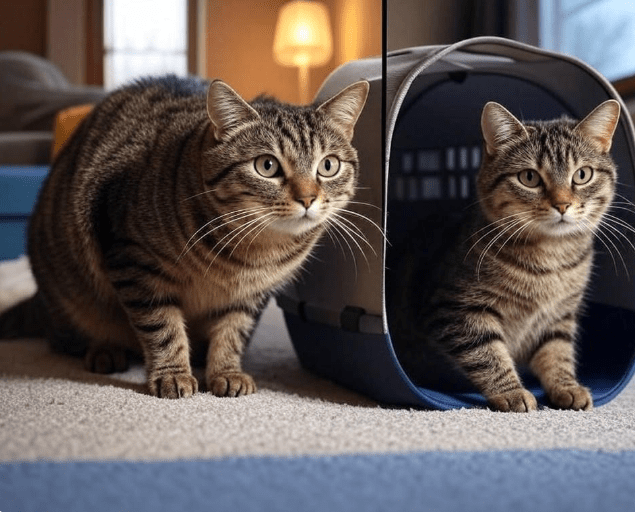 A before-and-after scene of a stressed cat and a calm cat in relation to a pet carrier, showing the spray’s effect visually.

