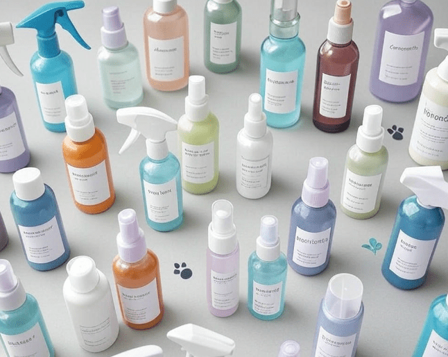 A top-down view of calming spray bottles arranged with small icons or labels highlighting natural ingredients and features (lavender, chamomile, pheromones, non-toxic).
