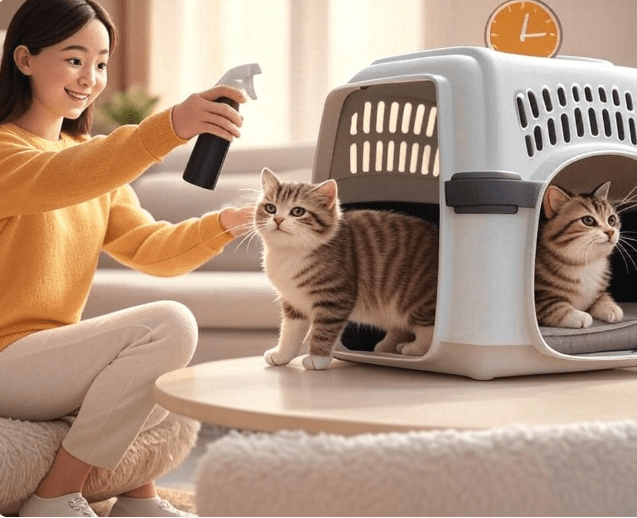 A step-by-step illustration showing a person spraying the inside of a carrier, waiting for it to dry, then placing a calm cat inside.
