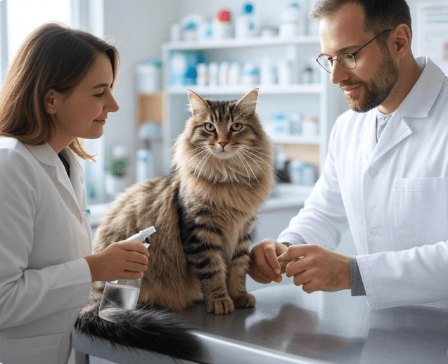 A veterinarian discussing a calming spray with a cat owner while gently examining a relaxed cat.
