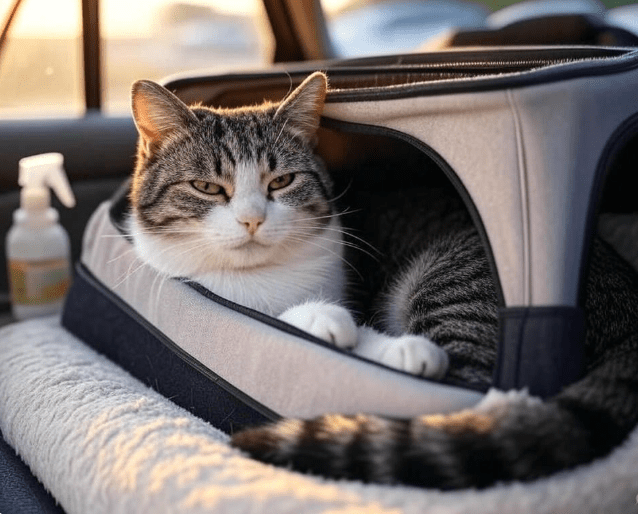  A peaceful cat inside a carrier during a car trip, looking calm and happy. The background hints at motion to show travel.
