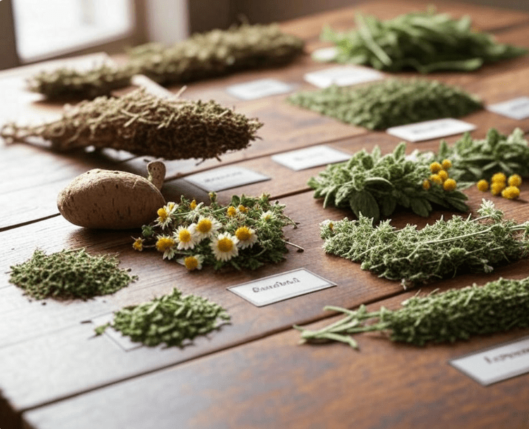 A flat lay image of dried herbs and cat-safe supplements labeled “Valerian Root,” “Chamomile,” and “Catnip.”

