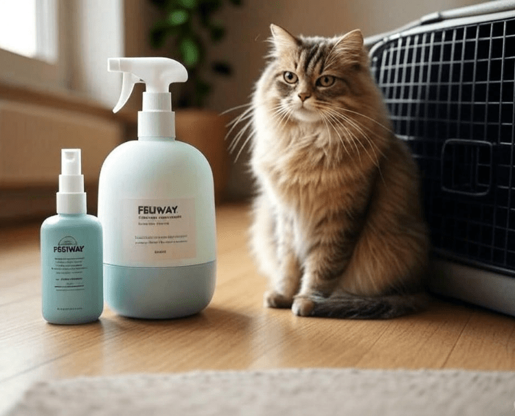 A diffuser or Feliway spray bottle placed next to a cat carrier.
