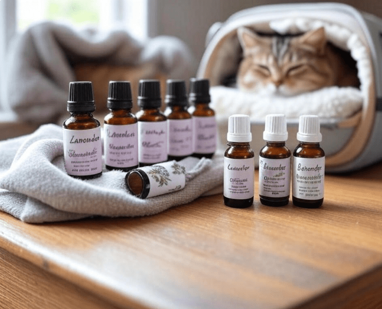 A small glass bottle of lavender oil and chamomile oil next to a cloth with a cat sleeping in the background.
