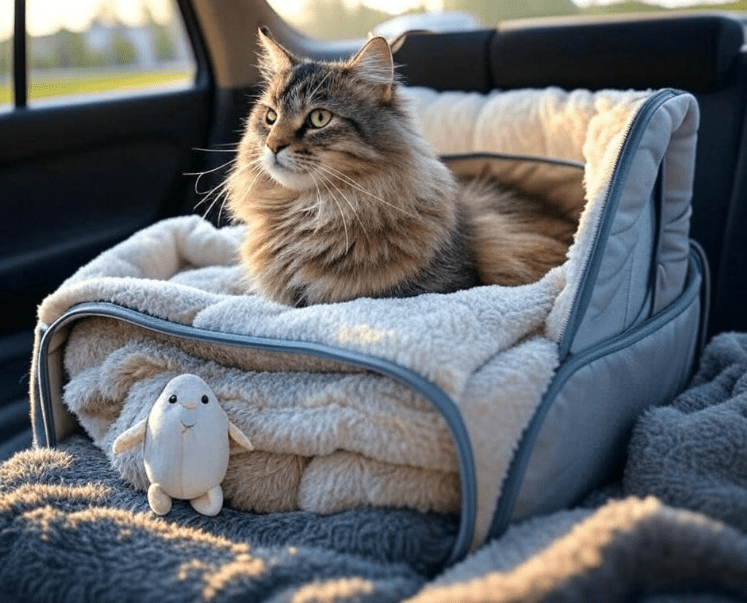 An image showing a cat inside a cozy, padded carrier with a favorite toy and a familiar blanket.
