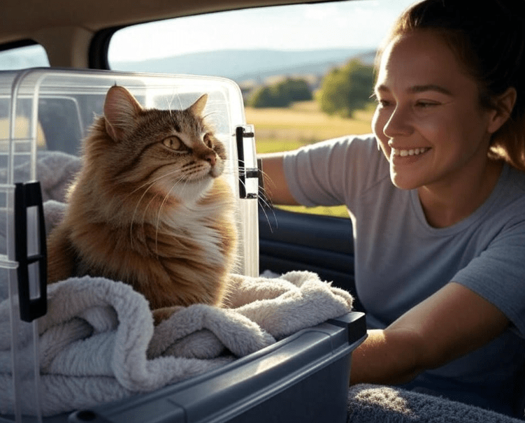 A calm, happy cat looking out of a car window with a serene expression, with a pet owner smiling next to them.
