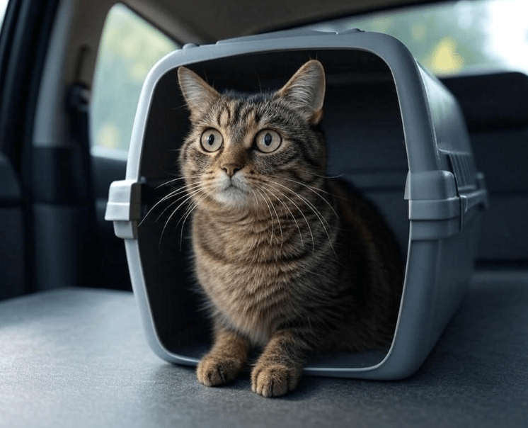  An anxious cat in a car carrier, showing clear signs of discomfort. This visual reinforces the emotional experience of cats during car rides.
