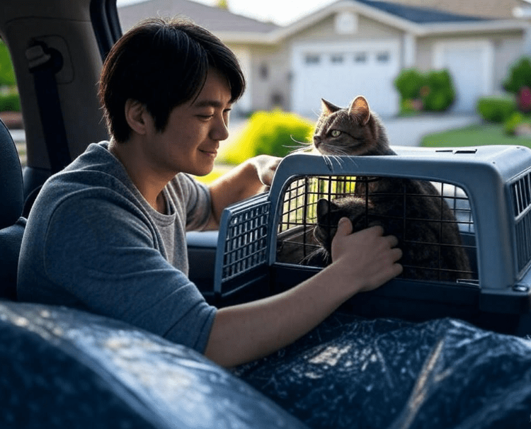 A person preparing for a short trip by placing their cat in a carrier into a parked car. Introduces the idea of easing into travel.
