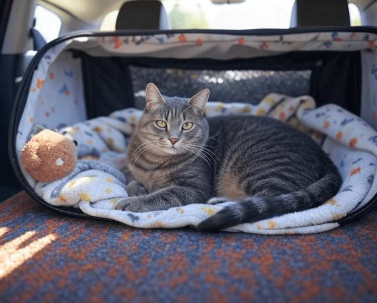 A peaceful scene inside the car showing a comfortable cat in a padded carrier with a blanket and toy. Visualizes the ideal carrier setup.
