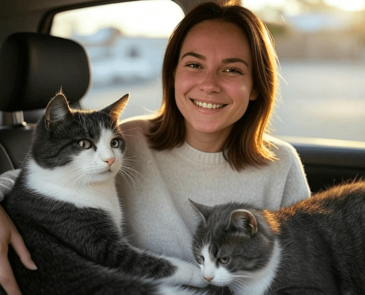 A happy, relaxed cat with its owner in a parked car—this image reflects a successful and stress-free travel experience.
