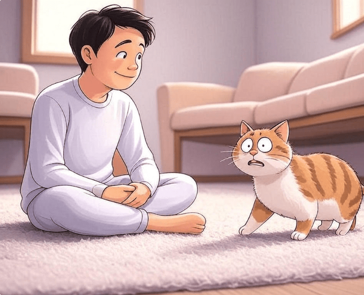 A person calmly sitting at the cat’s level with relaxed posture as a scared or shy cat cautiously approaches, emphasizing the right approach behavior.