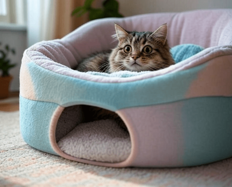 A cozy, quiet nook showing a soft enclosed cat bed or a box lined with blankets—demonstrating a good hiding space for scared cats.