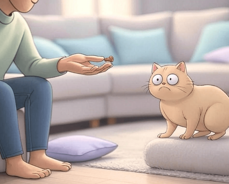 A person gently offering a treat from a distance to a cat that is cautiously approaching, showing the bond-building step.