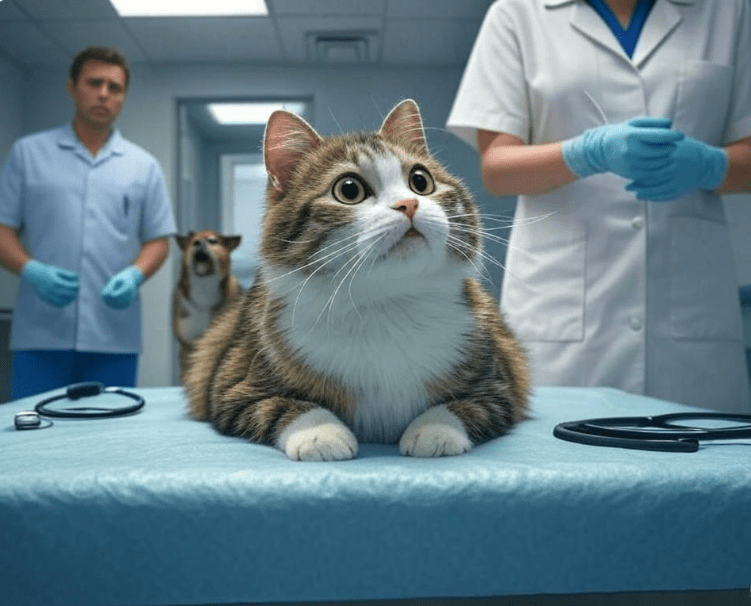  A scared cat at the vet experiencing sensory overload—dogs barking, vet staff nearby, medical smells.
