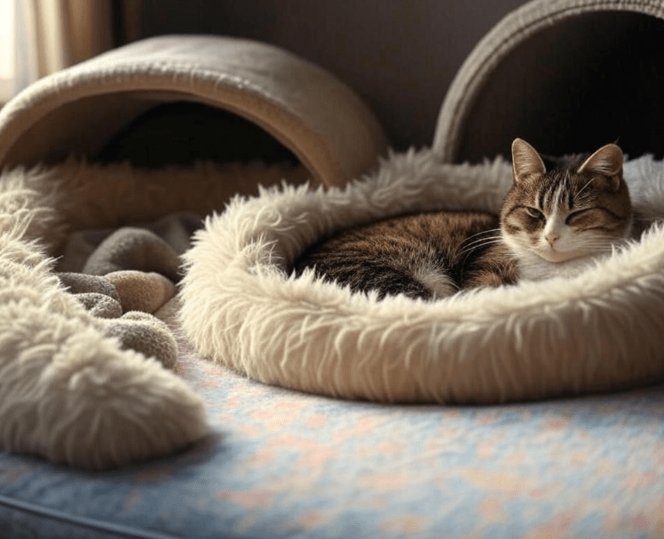 A peaceful cat sanctuary setup in a quiet room, with soft lighting and cozy hiding spots.
