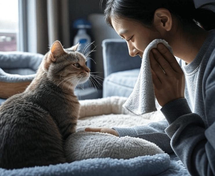A human gently rubbing a soft cloth on a cat’s cheeks to reapply their own scent.

