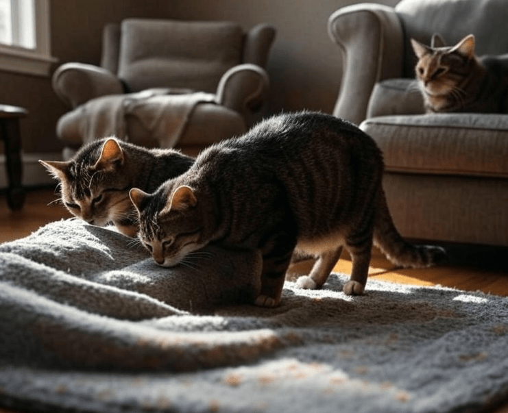  A calm interaction scene with one cat sniffing a shared blanket while another watches from a distance.
