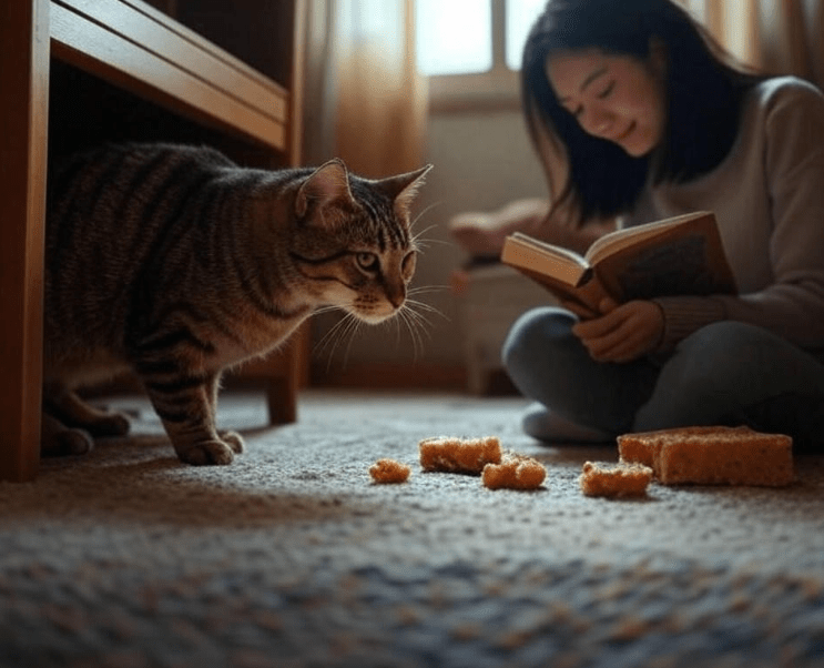  Luna hiding under a bed, with her owner sitting nearby calmly reading a book, showing patience and care.
