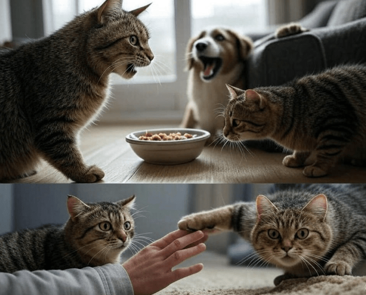 A visual collage of typical aggression triggers: a barking dog outside the window, another cat near a food bowl, and a cat reacting to being touched. 