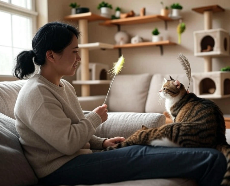 A well-furnished cat-friendly room with climbing trees, puzzle feeders, and a cat playing with a feather wand toy. 