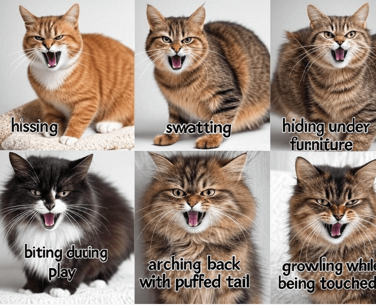 A visual comparison showing different types of aggressive cat behavior—hissing, swatting, hiding, etc. A great aid to understanding. 