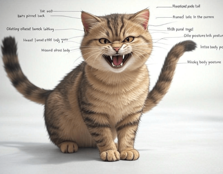 An infographic-style illustration showing key feline body language cues with clear labels