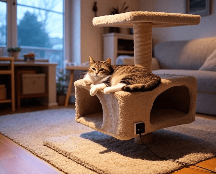 A peaceful indoor scene with cat-friendly features like a cat tree, hiding box, and a diffuser to reinforce the safe space concept. 