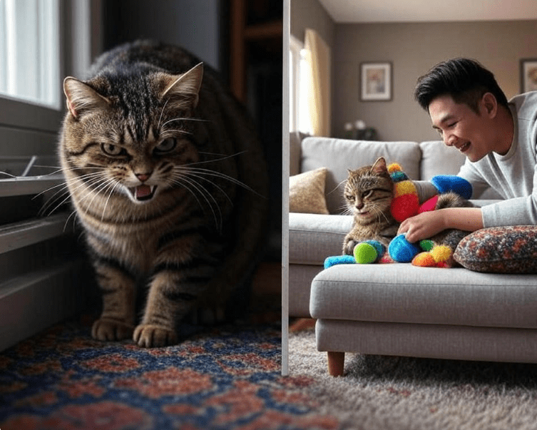 A powerful “before and after” image showing the transformation of a stressed cat into a relaxed, affectionate one. 