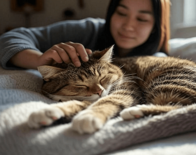 A warm, peaceful moment showing a trusting cat sleeping while being gently petted—leaving the reader with a sense of hope. 