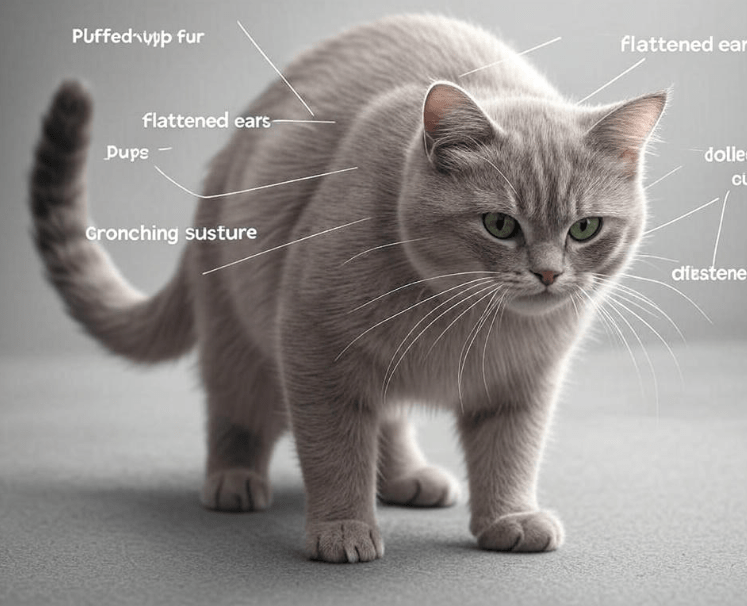  Infographic showing various cat body language cues of aggression.
