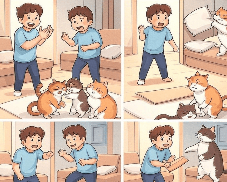 Step-by-step comic or instructional image showing safe ways to break up a cat fight.

