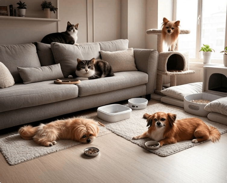 A peaceful home with clearly divided pet zones and enrichment tools.
