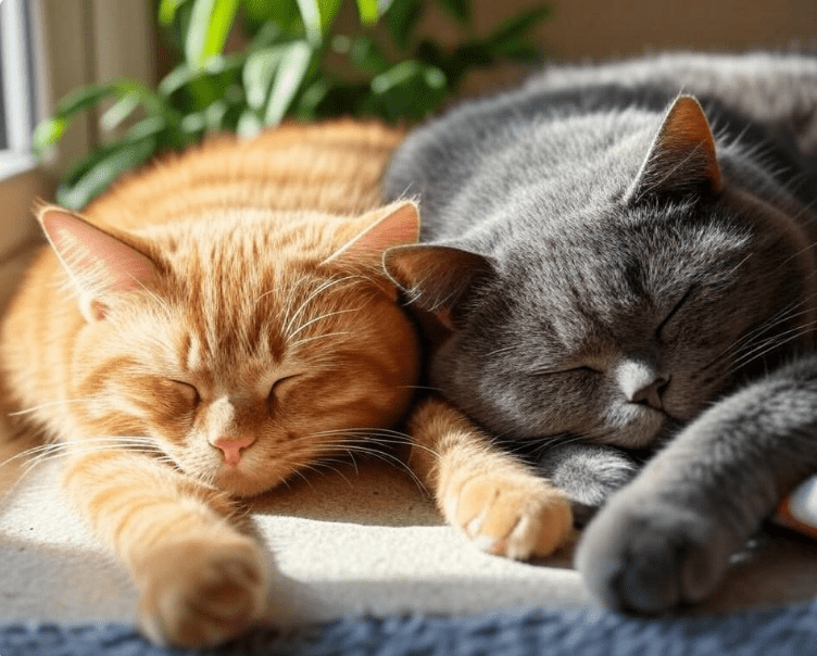 Two cats peacefully napping together on a windowsill in the sun.
