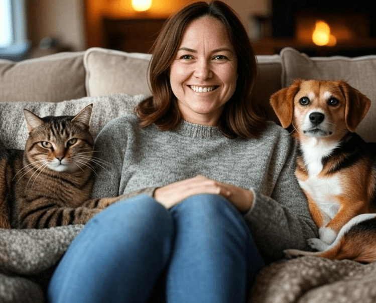  A calm, smiling pet owner sitting with a cat and dog in a peaceful setting.

