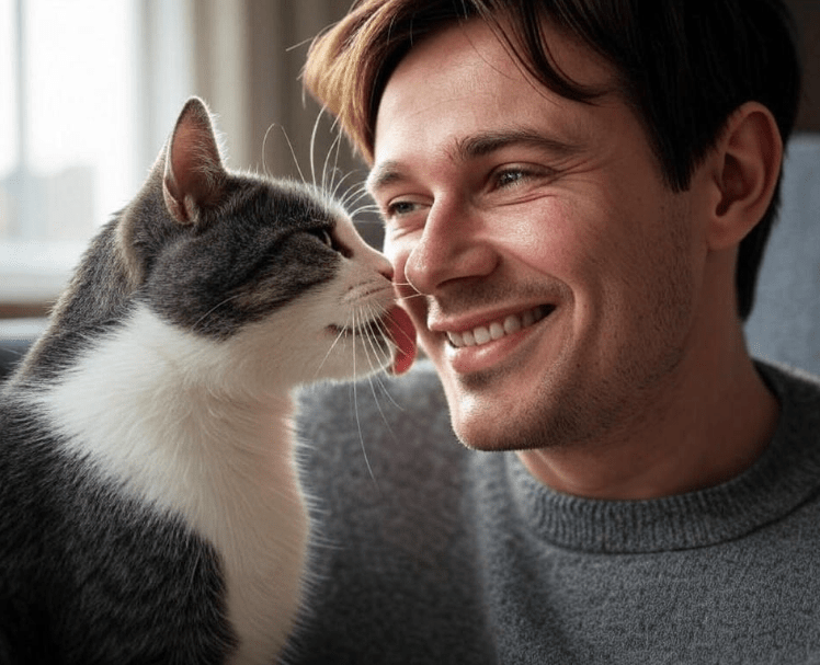 A cat gently licking a person’s cheek or face with visible eye contact and trust.