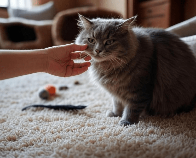 A cat rubbing its face and licking a person's hand or leg, with a visible cozy home background that includes the cat’s personal space 