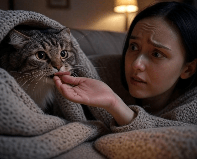 A worried-looking cat licking a person while hiding partially under a blanket or couch, eyes slightly wide and ears turned back.