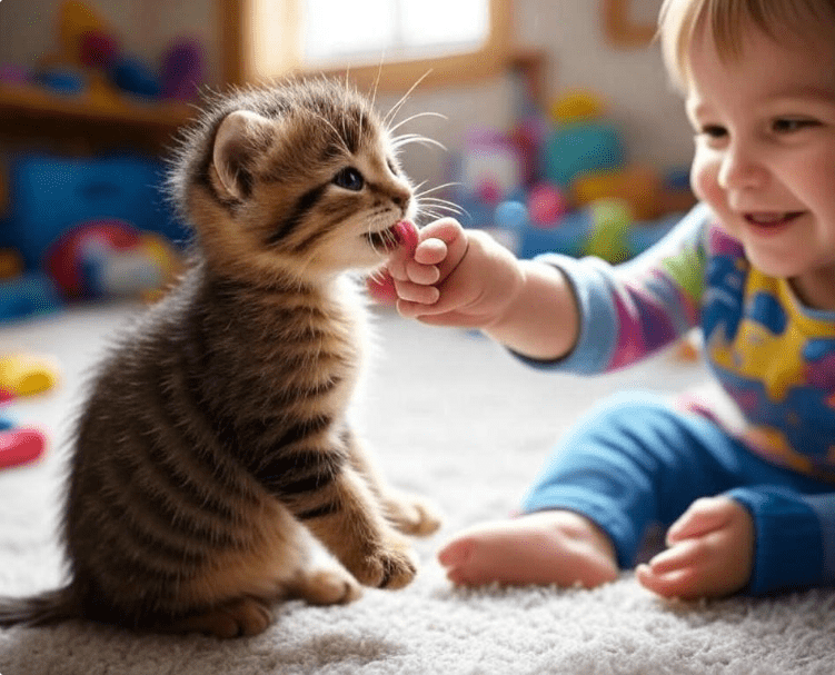 A playful young cat licking a child’s hand or arm while playing with a toy, with a bright and fun atmosphere.