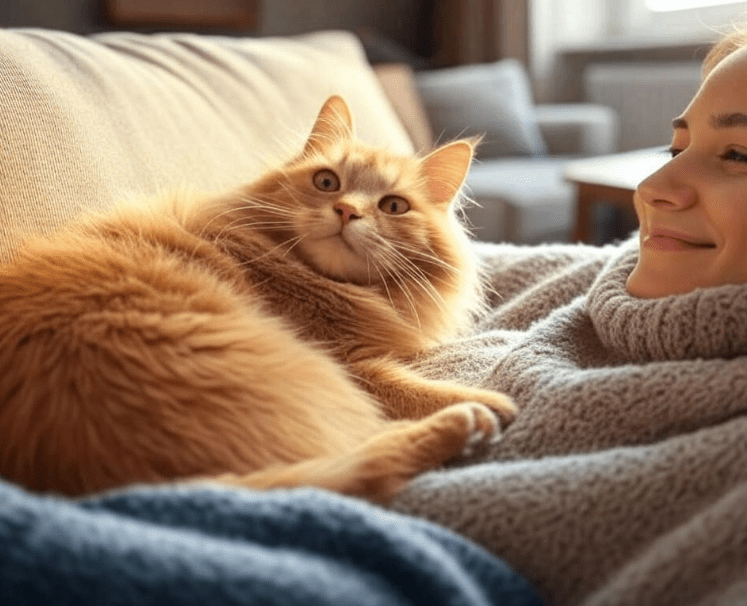 A serene moment of a cat curled up beside a person, both relaxed and at peace, suggesting love and trust.