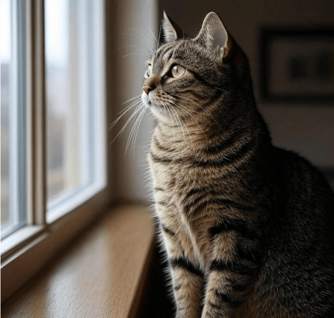 A thoughtful-looking cat gazing out of a window, showing emotional depth and introspection.